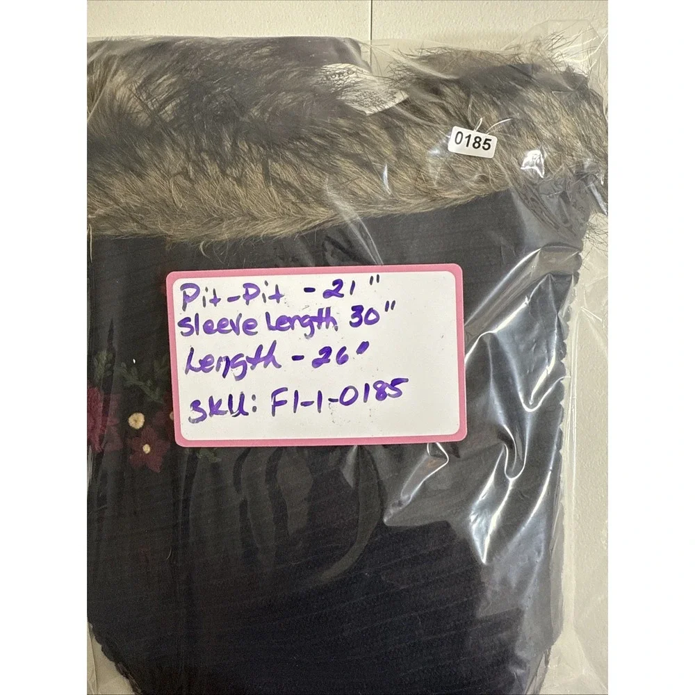 Preston & York Womens Black Sweater Cardigan Faux Fur Collar L embroidered